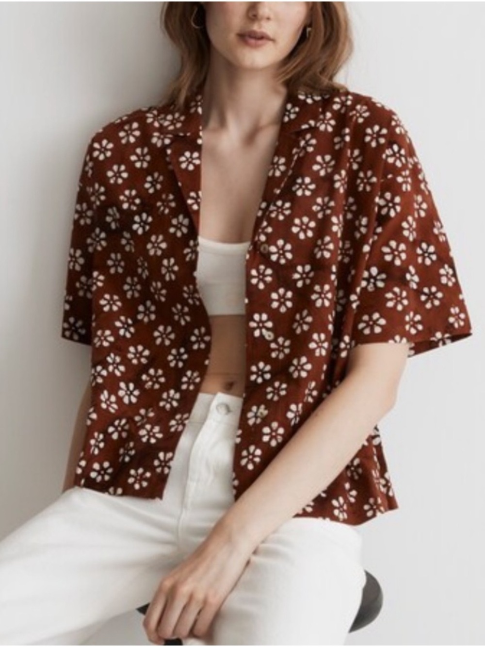 MADEWELL BUBBLE PRINTED COTTON BUTTON UP SQUARE CAMP BROWN SHIRT, SMALL